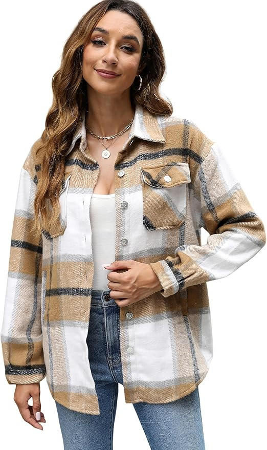 Tanming Womens Flannel Plaid Shacket Wool Blend Button Down Shirt Fall Fashion Jacket | Amazon (US)