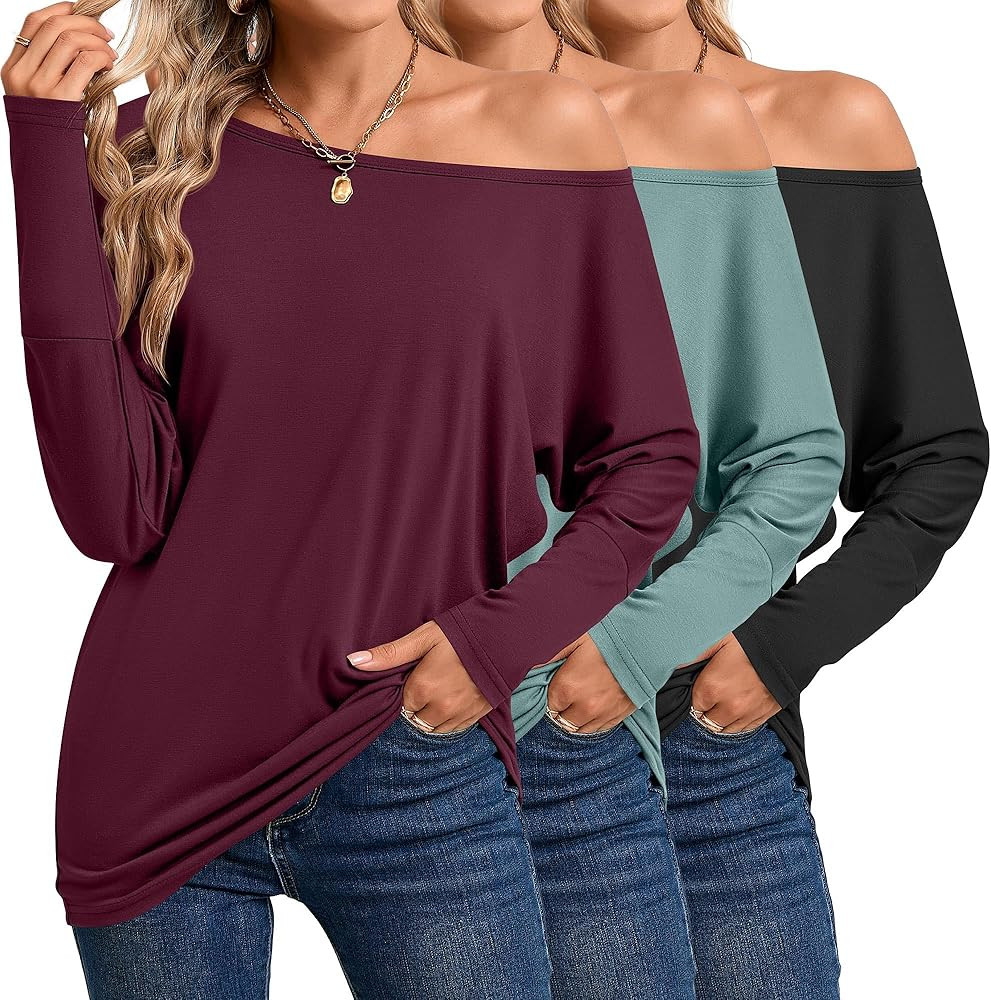 Riyiper 3 Pack Women's Off The Shoulder Tops, Long Sleeve Shirts Casual Dolman Tunics Tee Blouses... | Amazon (US)