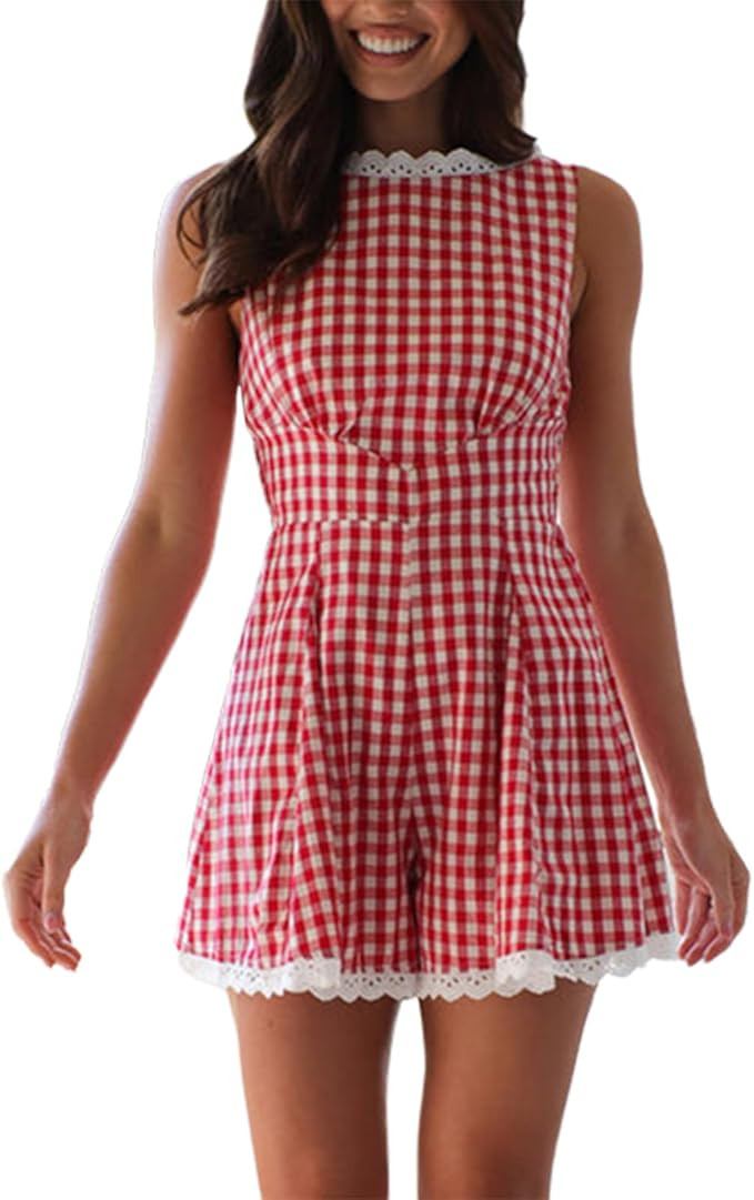 cffvdiz Rompers for Women Summer Casual Cute Plaid Printed Sleeveless Short Jumpsuit | Amazon (US)