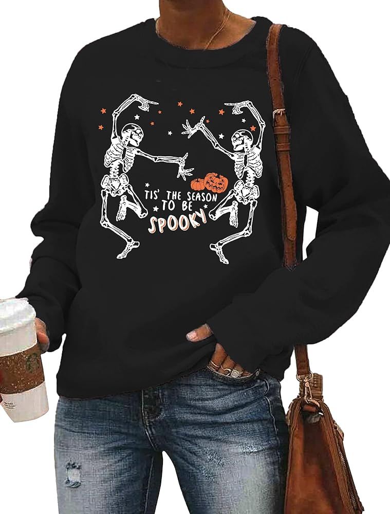 YI XIANG RAN Halloween Sweatshirt Women Skeletons Sweatshirt Vintage Skeleton Shirt Casual Loose ... | Amazon (US)