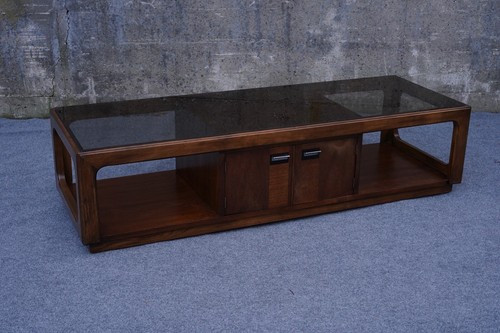 Mid Century Modern Smoke Glass Ash & Walnut Long Coffee Table - 61" | eBay US