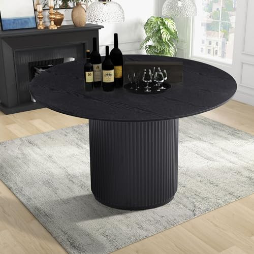 kevinplus 47.2'' Round Wood Dining Table for Living Room Dining Room Kitchen, Modern Contemporary Circle Dining Kitchen Table with Embossed Wooden Roman Column Leg (φ47 x29.5, Black) | Amazon (US)