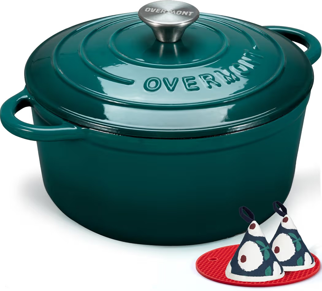 Overmont Enameled Cast Iron Dutch Oven - 7QT Pot with Lid Cookbook & Cotton Potholders - Heavy-Du... | Amazon (US)