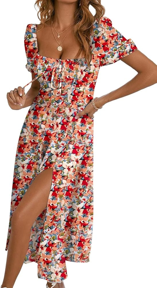 BLENCOT Casual Womens Summer Short Sleeve Square Neck Split Midi Dresses | Amazon (US)