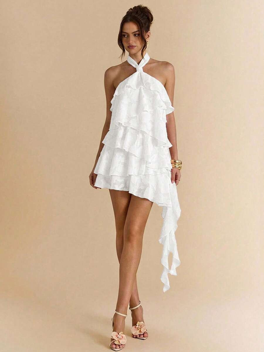 SHEIN BAE Summer Elegant White Floral Jacquard Halter Asymmetric Ruffle Hem Dress For Women, Birthday Party Wedding Banquet Night Out Vacation Mini Dress | SHEIN