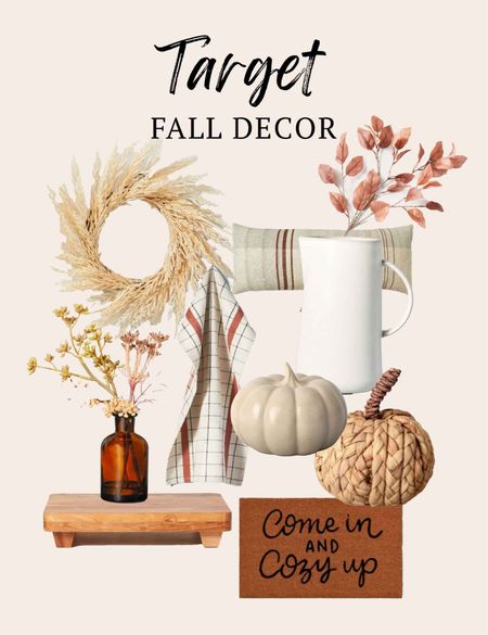 Target fall decor // simple accents like amber vases, faux florals in warm hues, wheat grass wreath, fall plaid dish towels and of course pumpkins! #targethome #targetdecor 

#LTKhome #LTKSeasonal