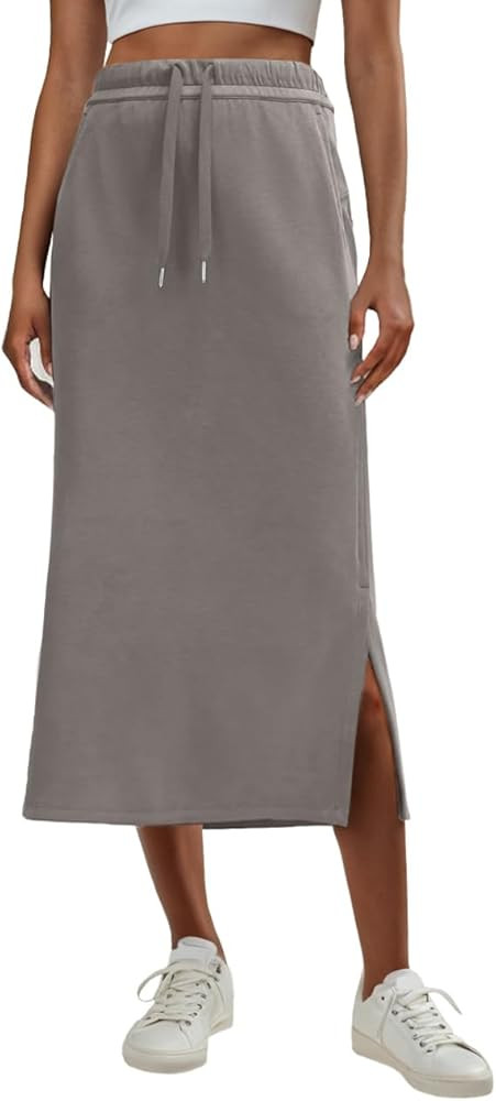 Lepunuo Casual Maxi Skirts for Womens High Waist Trendy Drawstring Side Slit Skirts with Pockets | Amazon (US)