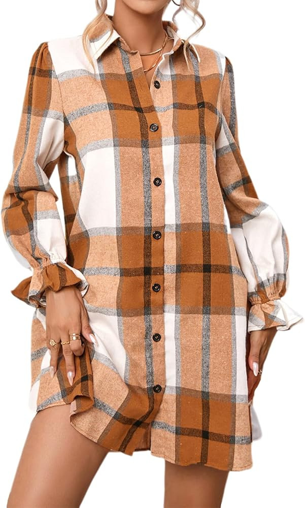 Womens Plaid Button Up Dress Lapel Collared Neck Long Sleeve Casual Loose Fall Checkered Mini Shi... | Amazon (US)