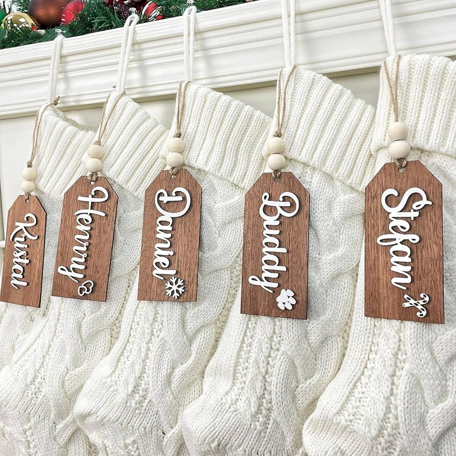 ELEGANTPARK Personalized Wooden Name Tag Custom Christmas Stocking Name Tags with Beads Laser Eng... | Amazon (US)