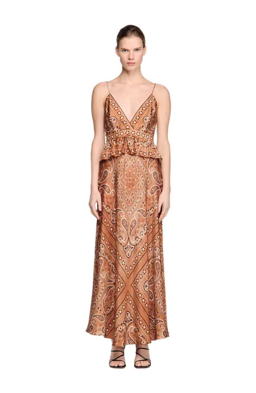 SANDRO Bandana-print maxi dress in Brown /Black at Nordstrom, Size 42 Eu | Nordstrom