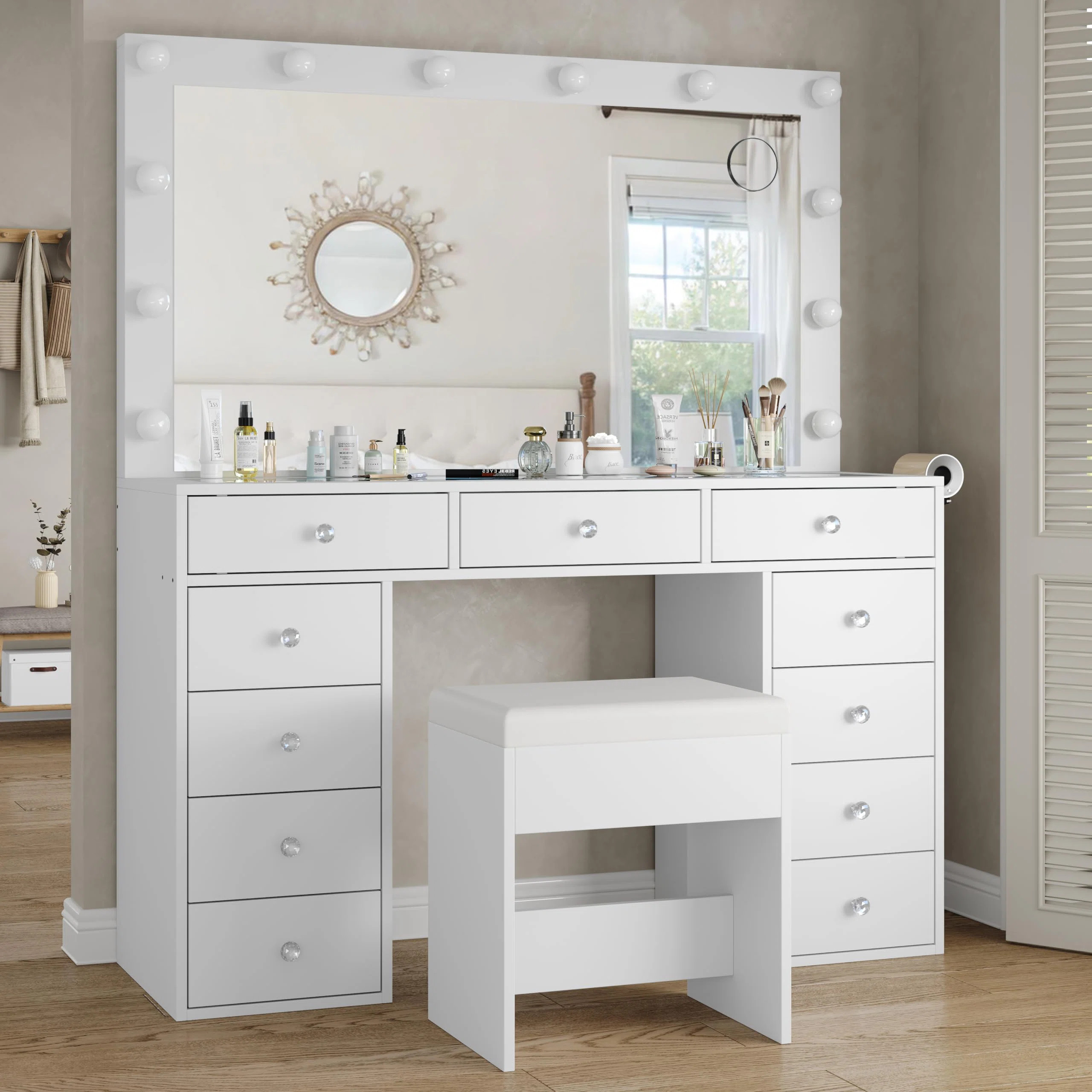Pisklo Vanity desk & Power Outl, Makeup Vanity with Mirror and 12 LED Lights, Makeup Table with 1... | Wayfair North America