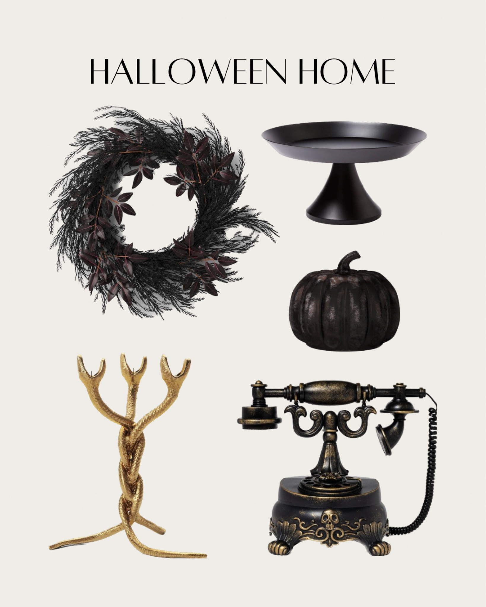 Halloween home in black: Halloween Grass and Leaf Wreath Black, Medium Halloween Glass Pumpkin Black, Snake Halloween Candelabra Gold, Animated Spooky Victorian Black Telephone Halloween Decorative Prop and Halloween Steel Black Cake Stand 

#LTKSeasonal #LTKHalloween #LTKhome