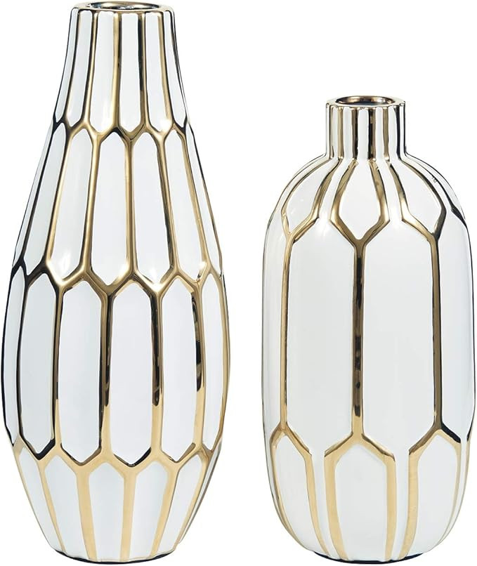 Signature Design by Ashley Mohsen Honeycomb Ceramic 2 Piece Bottle Neck Vase Set, White & Gold | Amazon (US)