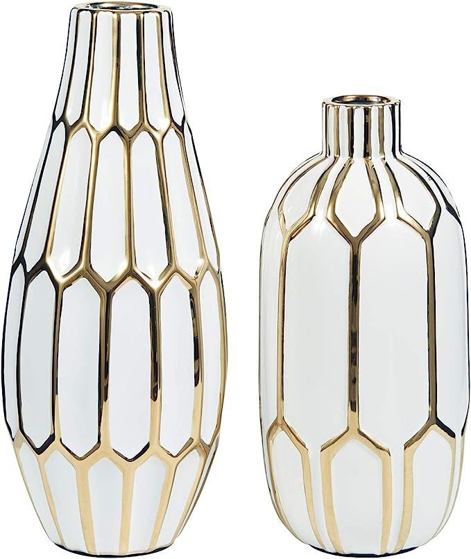 Signature Design by Ashley Mohsen Honeycomb Ceramic 2 Piece Bottle Neck Vase Set, White & Gold | Amazon (US)