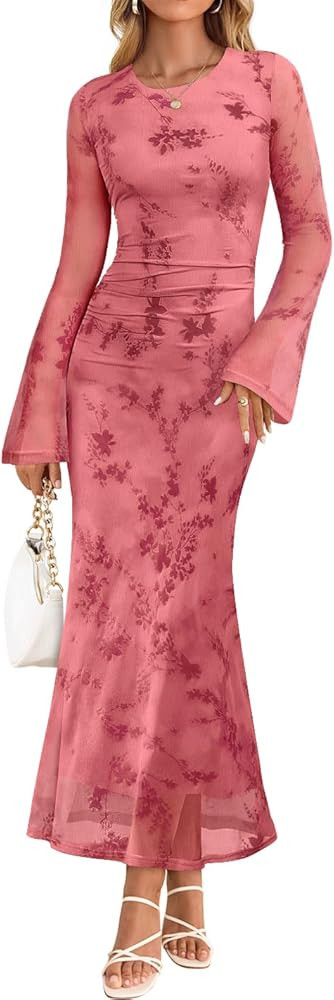 Amazon.com: ZESICA Women's Long Sleeve Floral Bodycon Dress 2026 Spring Fall Ruched Mesh Wedding ... | Amazon (US)