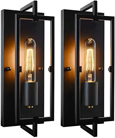 Set of 2 Industrial Wall Sconces Black Rustic Indoor Wall Lanterns with Glass Shade Vintage Bronz... | Amazon (US)