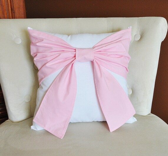 Decorative Throw Pillow - Baby Nursery Pillow- Light Pink Bow on White Pillow 18 x 18 | Etsy (US)