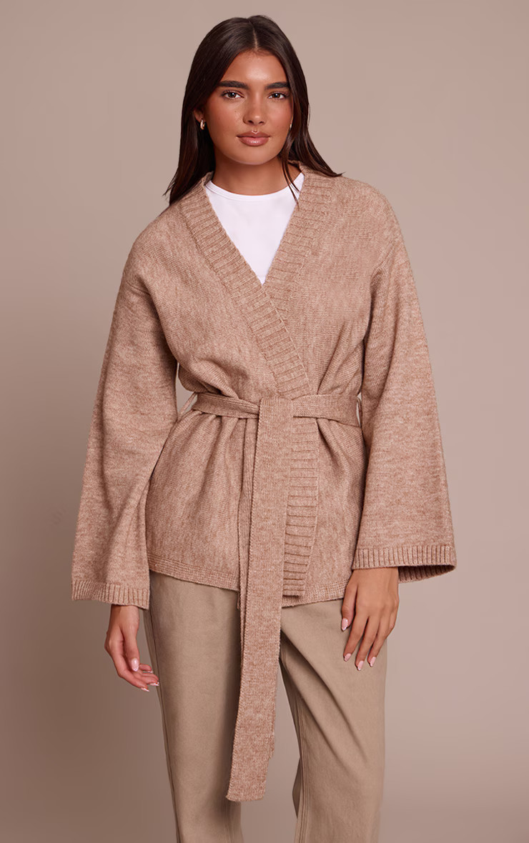 Oatmeal Tie Waist Oversized Cardigan | PrettyLittleThing UK