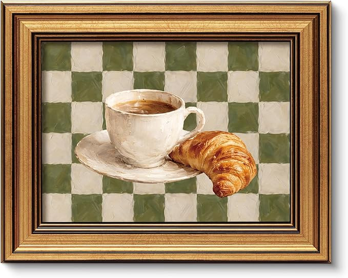 ARPEOTCY Gold Framed Wall Art, Kitchen Wall Art, Vintage Coffee Croissant Artwork Print, Green Ch... | Amazon (US)