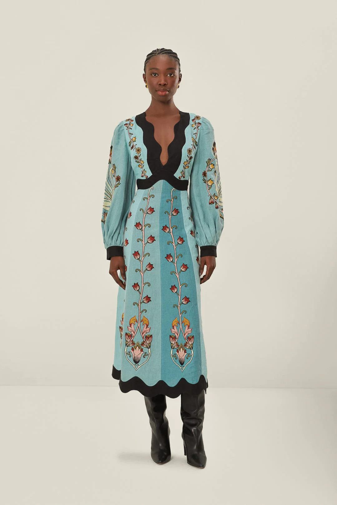 Blue Flowing Beauty Embroidered Long Sleeve Midi Dress | FarmRio (US)
