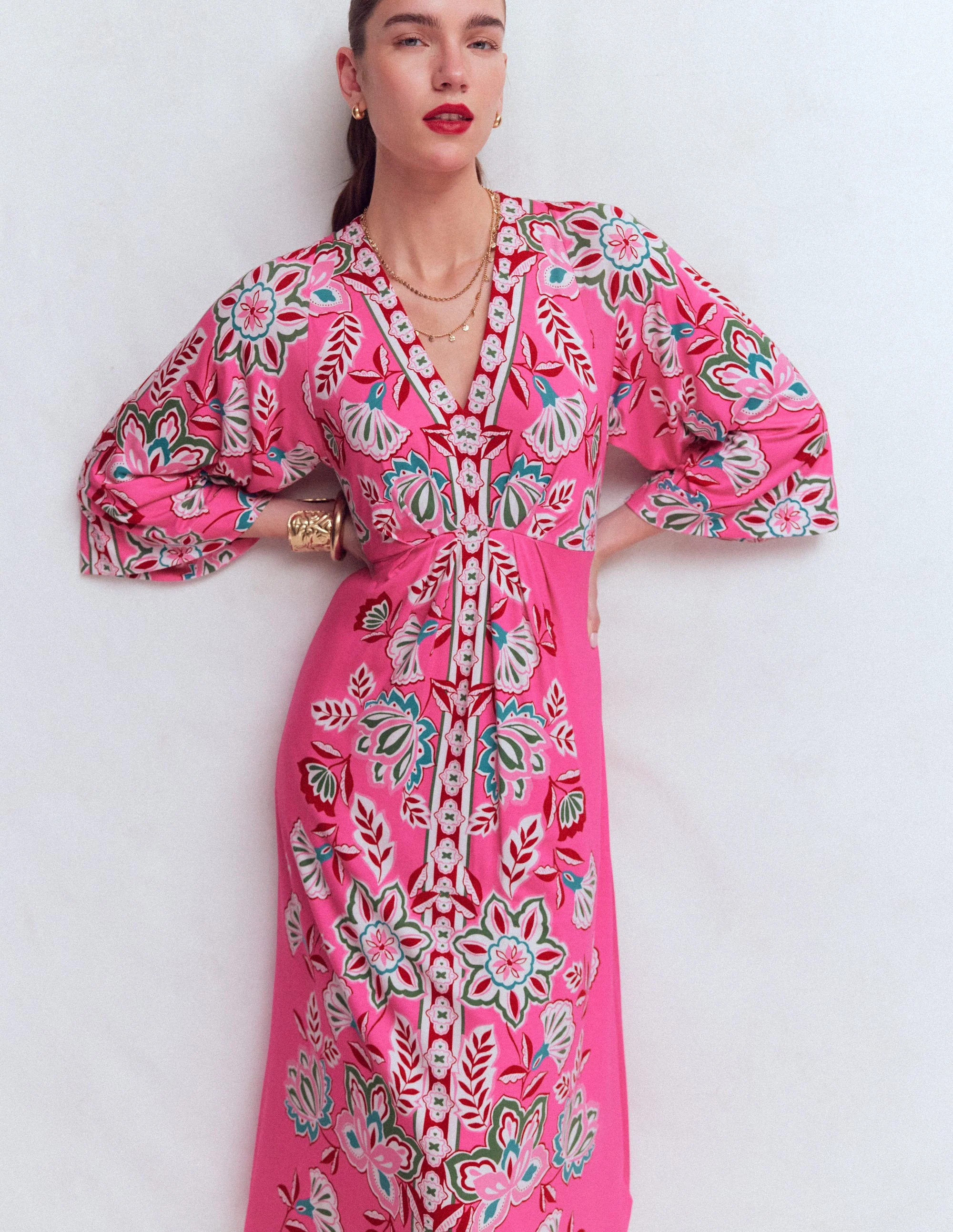 Nell Kimono Midi Jersey Dress-Pink, Blossom Elegance | Boden (US)