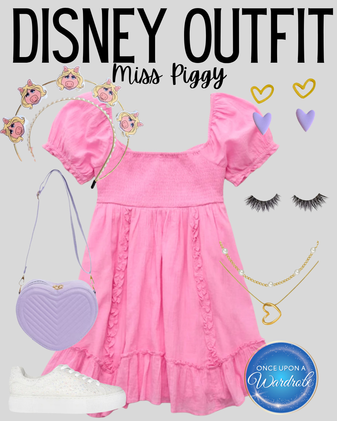 A Disney outfit for women inspired by Miss Piggy with the prettiest pink dress and glam park day accessories 💕 This Disney World outfit would be so cute for Hollywood Studios, EPCOT, Disney Springs, or a Muppets-inspired theme park look with comfy sneakers, a heart bag, statement earrings, and Miss Piggy details. 

 #LTKootd #LTKTravel