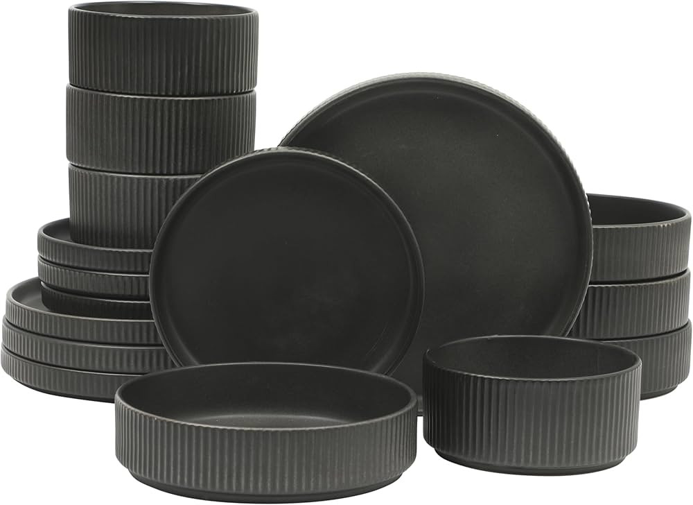 Gibson Elite Deerfield 16-Piece Stoneware Dinnerware Set – Matte Black Reactive Glaze Plates an... | Amazon (US)