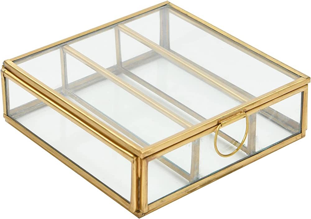 Creative Co-Op Metal and Glass 3 Compartments, Brass Finish Box, 5" L x 5" W x 2" H | Amazon (US)