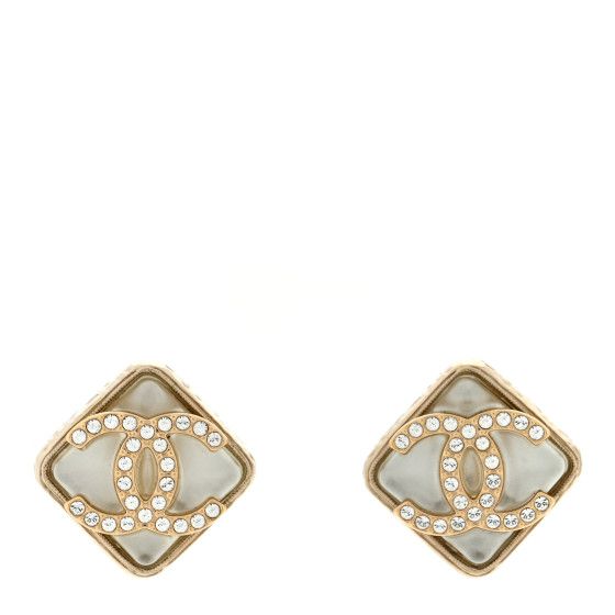 Pearl Crystal CC Square Earrings Gold | FASHIONPHILE (US)