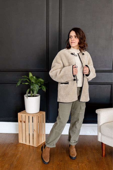 Cargo pants style | Sherpa jacket, cargo pants, knit mockneck sweater, Brooke boot 

#LTKstyletip
