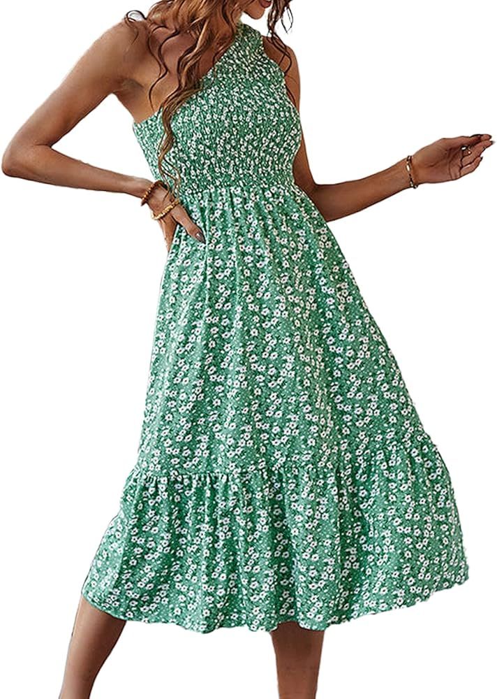 Women One Shoulder Sleeveless Casual Summer Dresses Smocked High Waist Floral Print Boho Pleated ... | Amazon (US)