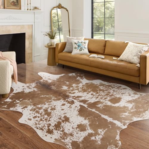 Faux Cowhide Rug 4.6x5.2 ft Cow Hide Faux Cowhide for Living Room Bedroom Dining Room Home Office Brown Cow Rug Carpet Western for Home Decor-NO Fur | Amazon (US)