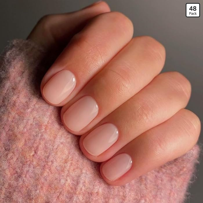 KQueenest 48 Pcs Acrylic Press on Nails Short Square, Natural Nude Pink Nails Press ons, Semi-Tra... | Amazon (US)