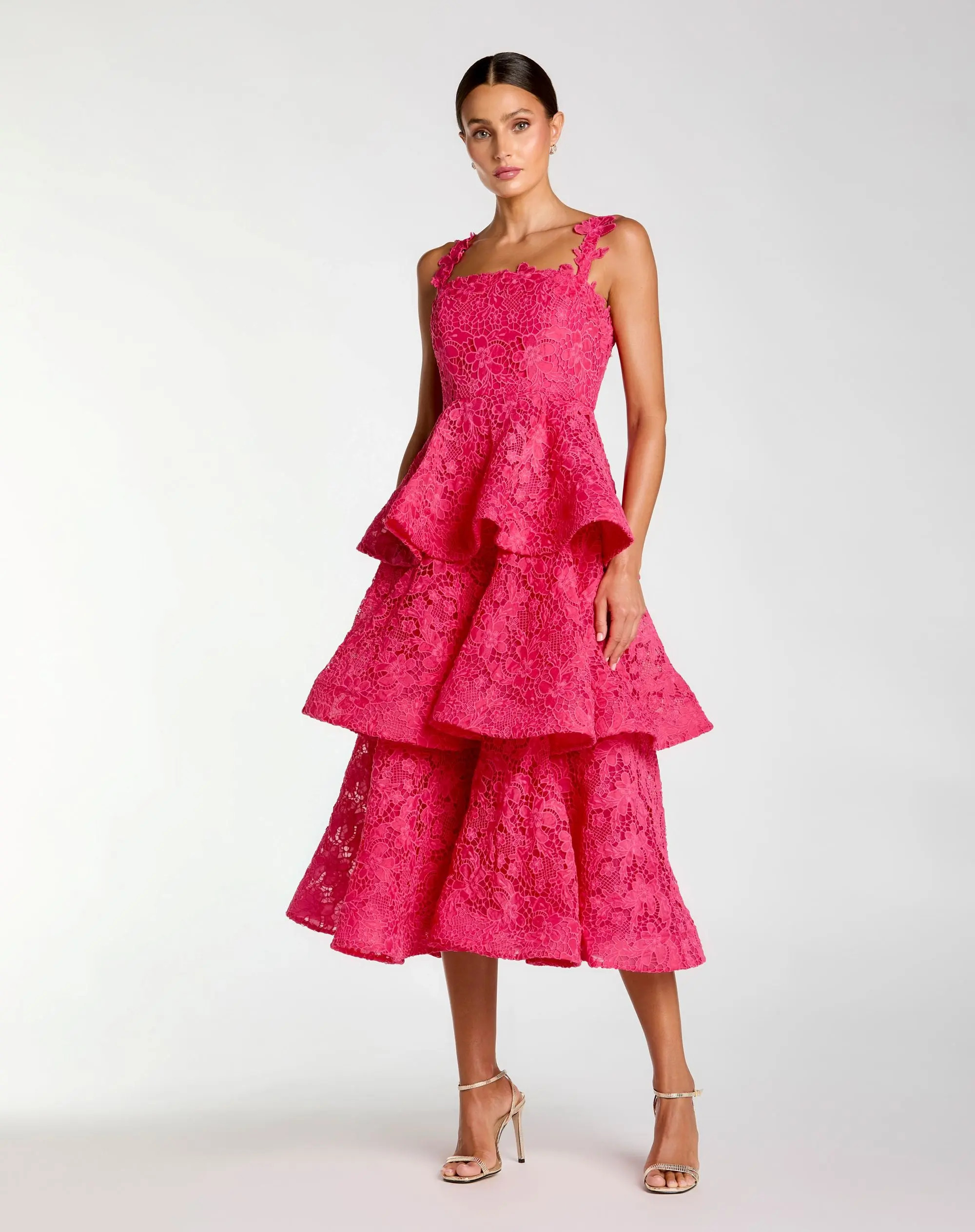 Pink Sleeveless Embroidered Lace Ruffle Midi Dress | Mac Duggal | Mac Duggal