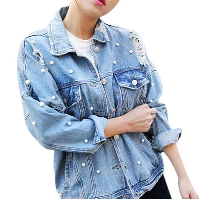 CHICFOR Womens Denim Jacket Long Sleeve Boyfriend Ripped Pearl Beading Button Up Denim Jean Jacket | Amazon (US)