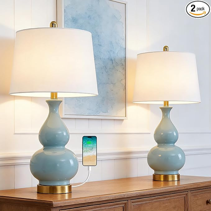 Maxax 26" Ceramic Table Lamps for Bedroom Set of 2, Blue Bedside Lamps with USB Charging Port, 3 ... | Amazon (US)