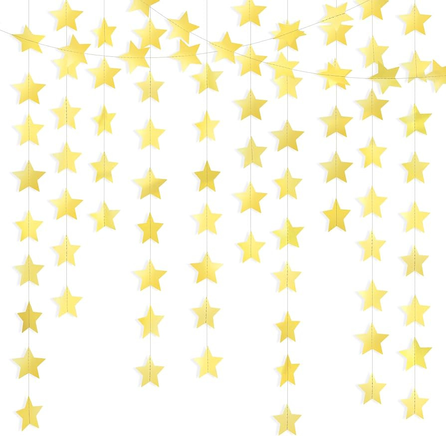 Metallic Gold Iridescent-Star-Garland 90FT \u2013 240 Pcs Sparkling Star Streamers \u2013 Hanging... | Amazon (US)