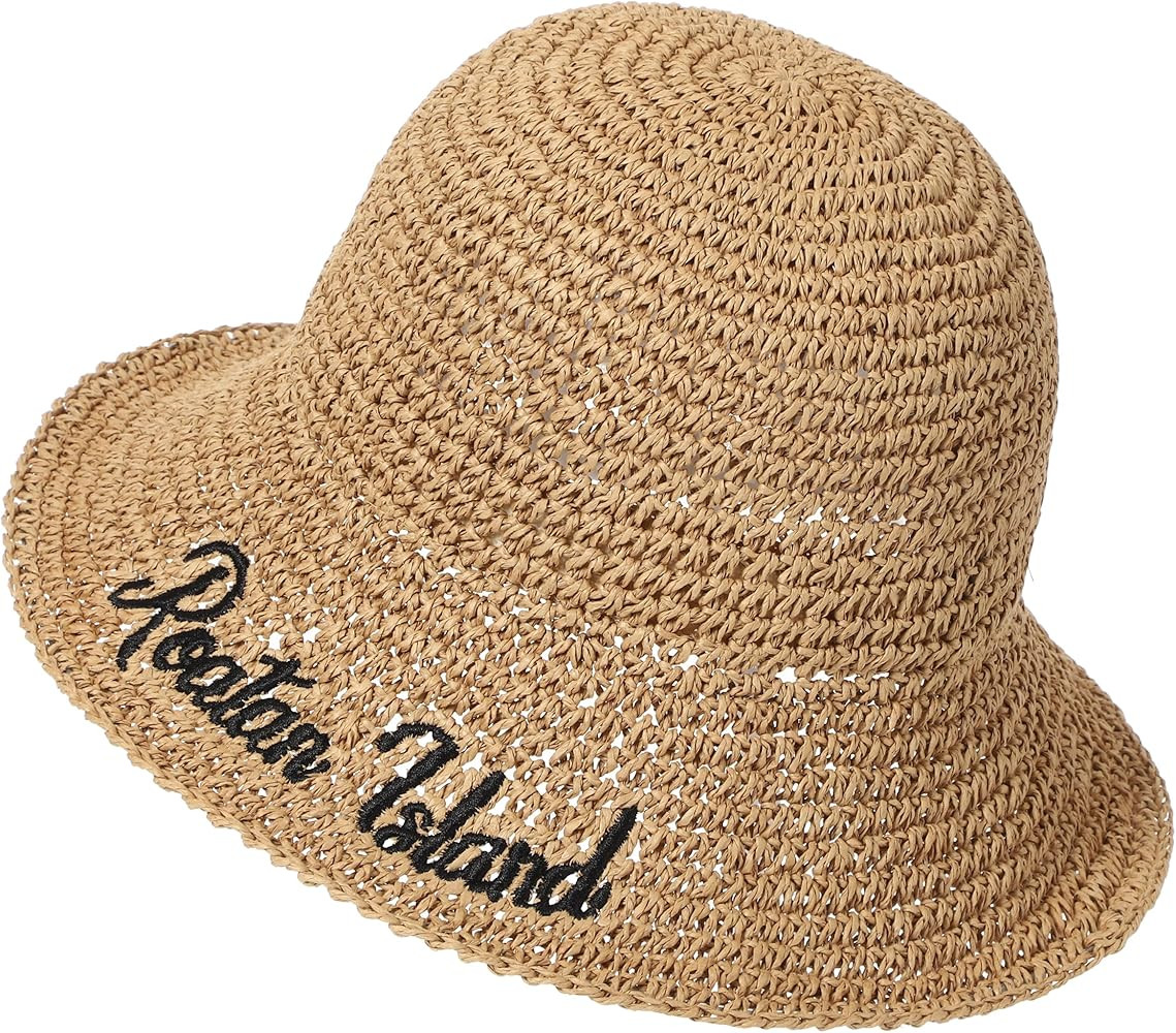 Womens Sun Hat Handmade Crochet Straw Bucket Hat Summer UV Protection Foldable Travel Cap UPF 50+ | Amazon (US)