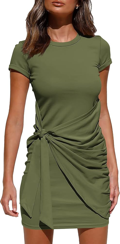 BTFBM Women 2024 Spring Casual Short Sleeve Ruched Bodycon Tank T Shirt Dress Tie Waist Sun Beach... | Amazon (US)