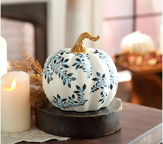 6.75" Ceramic Toile Pumpkin by Valerie Orange, Blue | QVC