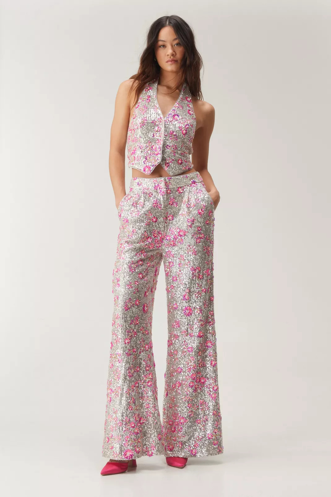 Sequin Floral Wide Leg Pants | Nasty Gal US