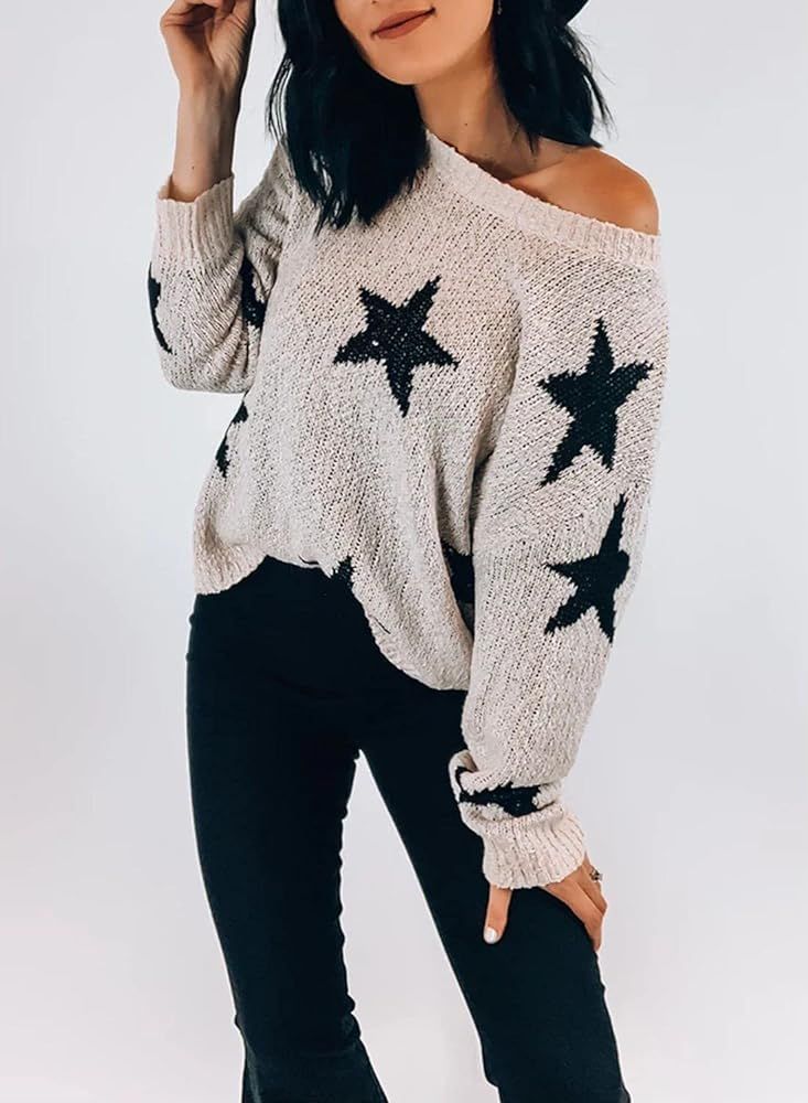 Happy Sailed Womens Pullover Sweater Star Long Sleeve Round Neck Knitted Jumper Tops(S-XXL) | Amazon (US)