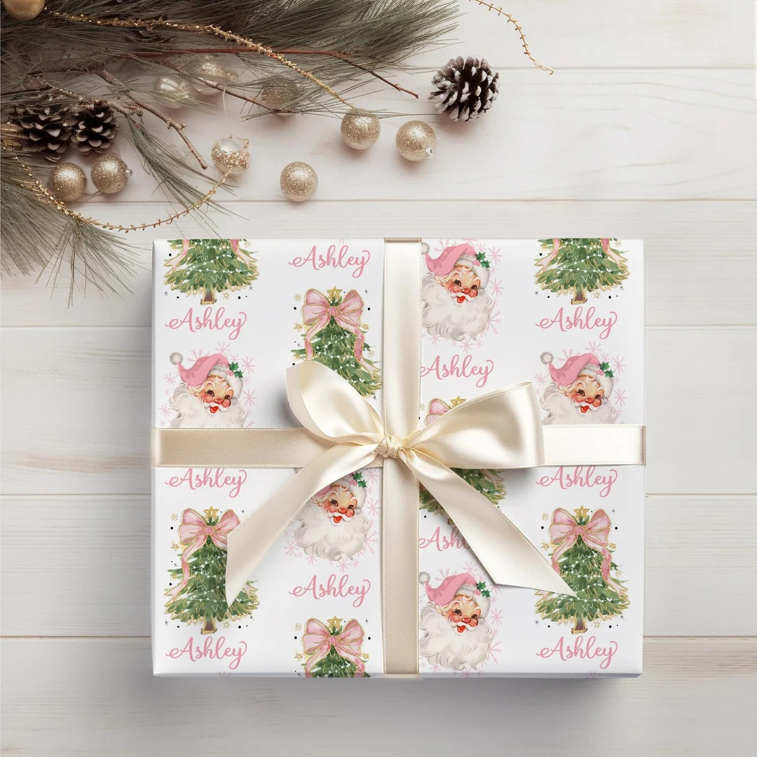 Vintage Pink Santa Personalized Christmas Wrapping Paper, Personalized Gift Wrapping Paper, Custo... | Etsy (US)