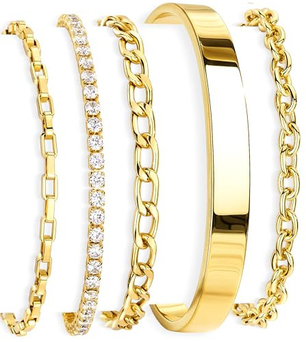 5PCS Gold Bracelet for Women Trendy, 14K Gold Plated Tennis Chain & Cuff Bracelets Set Dainty Cute Gold Stackable Bracelets Non Tarnish Gold Jewelry Set Gift | Amazon (US)