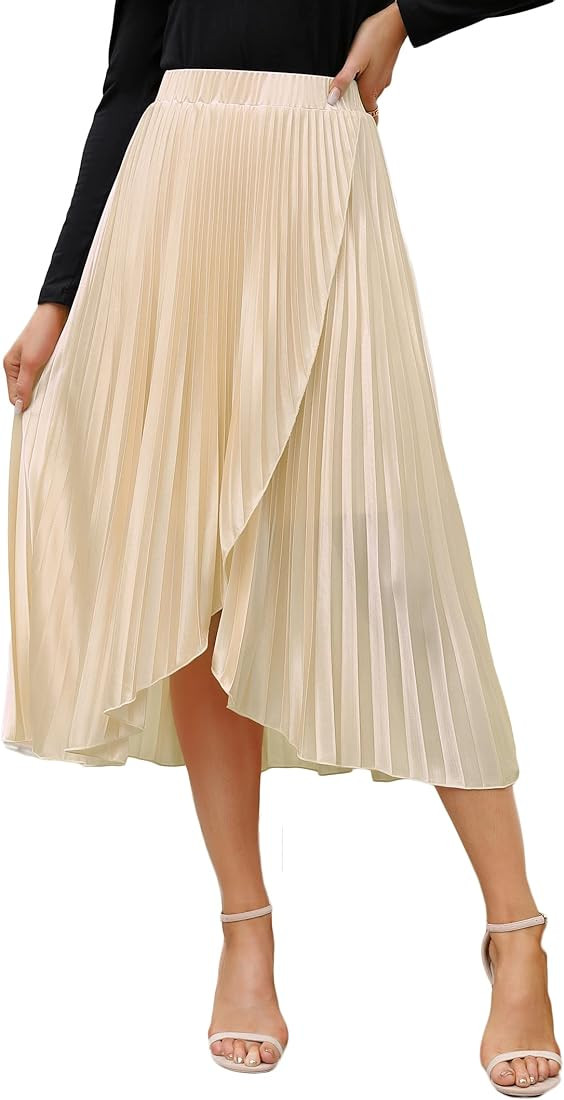 KOJOOIN Women's Midi Pleated Pink Skirts Casual High Elastic Wasit A-line Asymmetrical Hem Swing ... | Amazon (US)