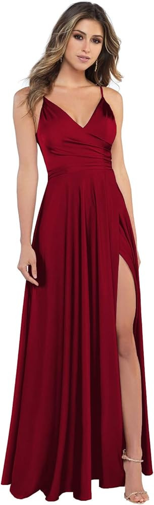 Women's Spaghetti Srrap V-Neck Satin Bridesmaid Dresses Long Pleated Prom Formal Gowns with Slit | Amazon (US)