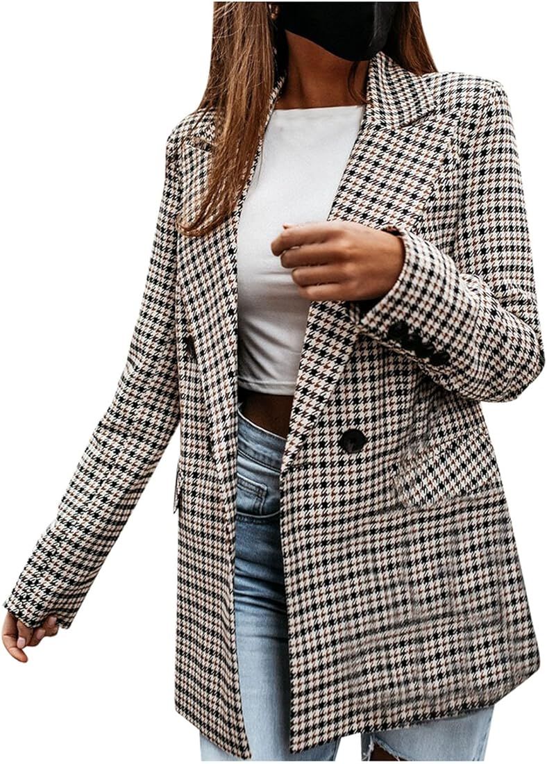 Womens Tops Lapel Double Breasted Work Blazer Office Jacket Open Front Cardigan Long Sleeve Casua... | Amazon (US)