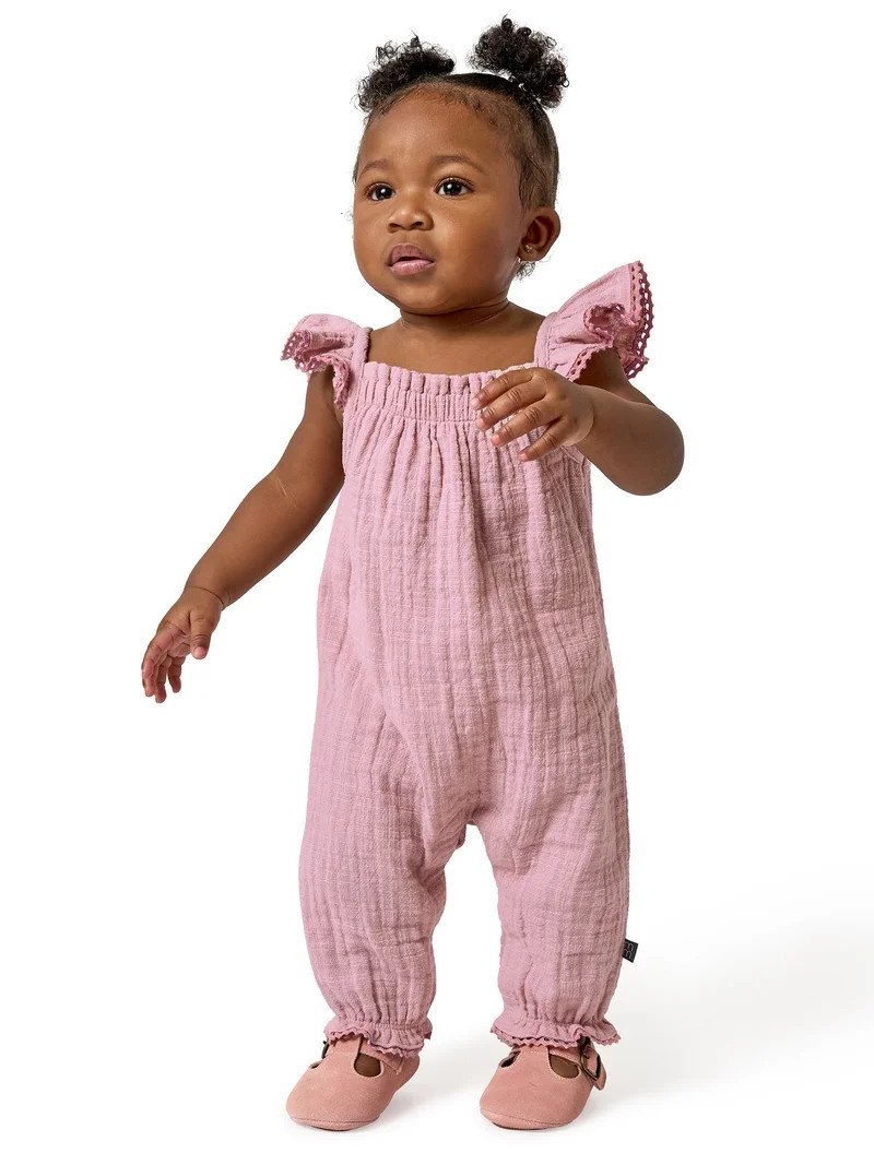 Modern Moments by Gerber baby Girl Long Leg Romper with Novelty Trim Detail, Sizes 0/3 Months - 2... | Walmart (US)