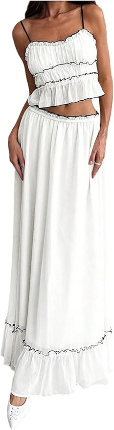 SOLY HUX Women's Skirt Sets 2 Piece Outfits Contrast Trim Ruffle Hem Cami Tops and Maxi Skirt Vac... | Amazon (US)