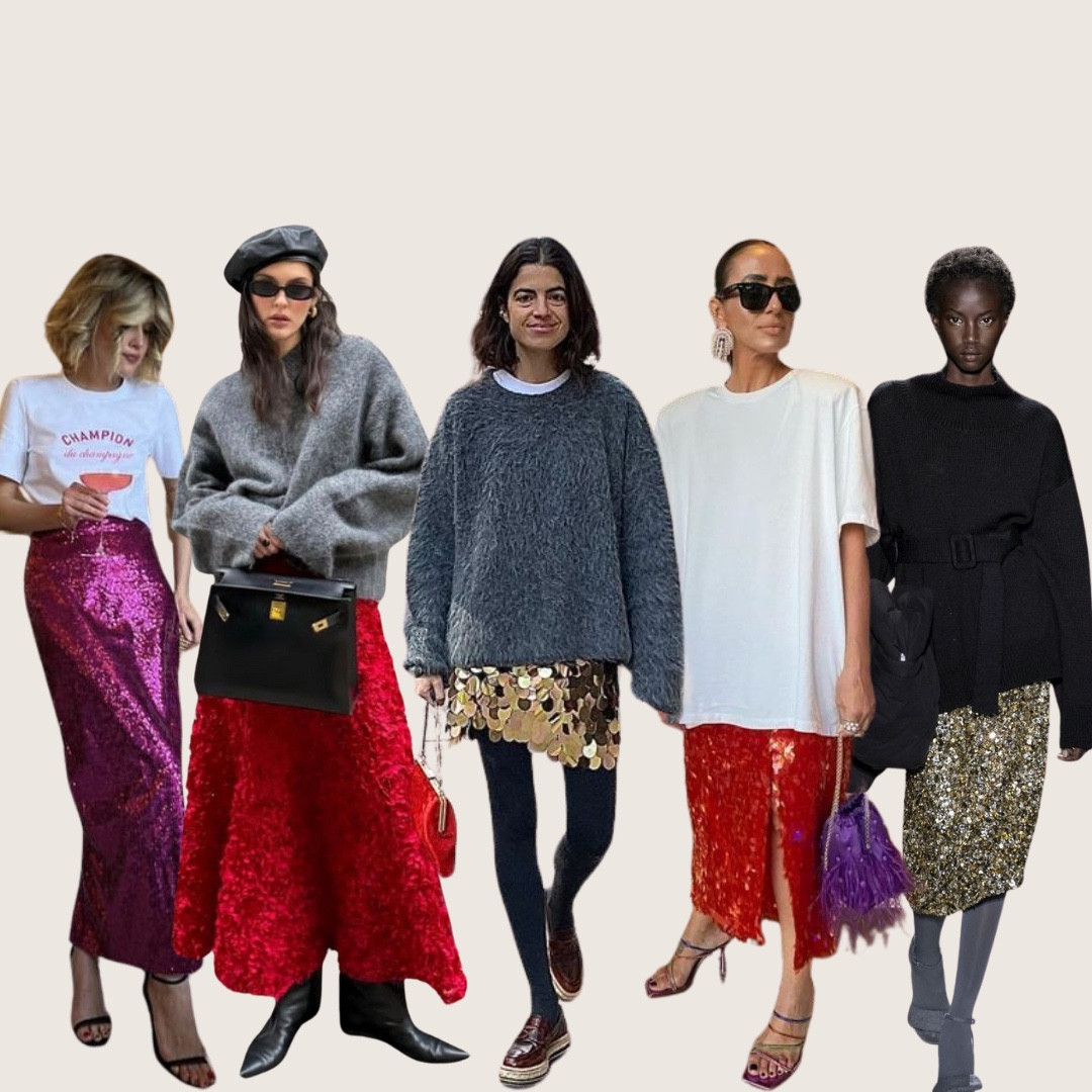 The Statement Skirt - When you want one piece in your outfit to shine, look no further than a statement skirt. It can be anything that resonates with your style—a shimmering sequin midi, a bold satin skirt, or a whimsical tulle piece. The only rule? Pick what feels most like you and makes you feel amazing!⁠
The beauty of a statement skirt lies in its versatility. Dress it up with a silk blouse and heels for elegance, or keep it casual with a cosy knit and boots.⁠
⁠
Perfect for: Christmas lunch, shopping days, and dinner with family.⁠
⁠
Brands to watch out for: Marks & Spencer, Karen Millen, Boden.⁠
⁠
Pair with: a cosy knit and boots, an oversized white shirt and loafers, a T-shirt and fancy flats, or a sleek turtleneck with kitten heels.⁠
⁠
#partylooks #fancyoutfits #fetivelooks #eventdressing #statementskirt #sequins #onlinestyling #personalshopping ⁠
⁠
⁠